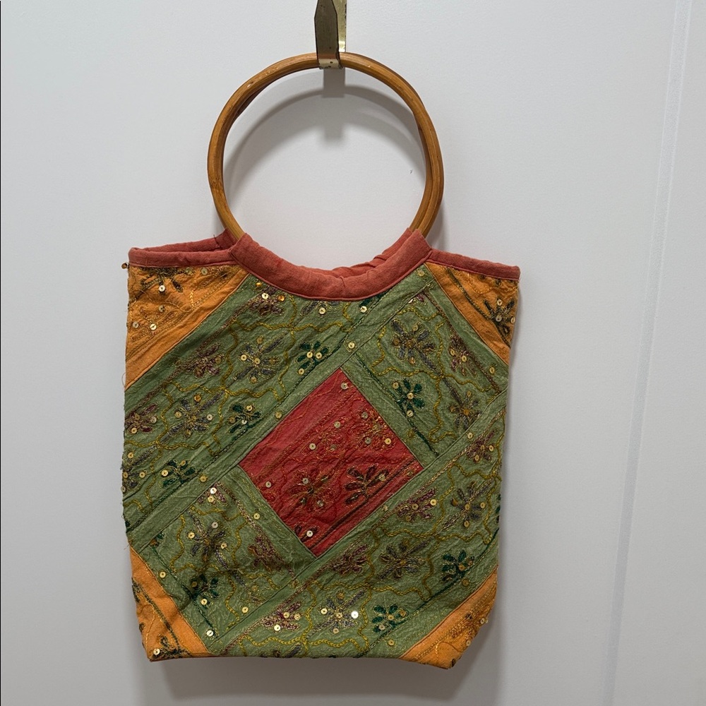 Embroidered Multicolor Tote Bag with Wooden Handles